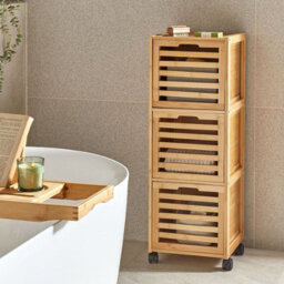 Wyld And Coco 3-Drawer Bathroom Cabinet In Light Brown Bamboo With Easy-Roll Rubber Wheels, W32 X D30 X H90Cm - thumbnail 2