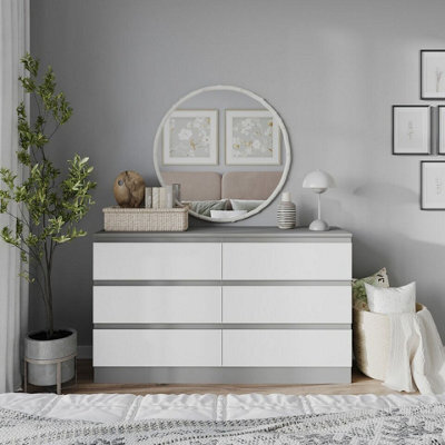Urbn-Living Urbnliving 120Cm Width Grey Wooden Chest Of White 6 Drawers Bedroom Furniture Storage Bedside Table Modern Cabinet - image 1