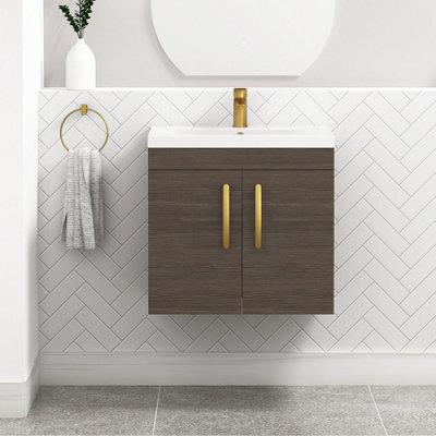 Royal Bathrooms Turin Grey Elm 600mm Wall Hung Vanity Unit 2 Door With Mid-Edge Basin Sink & Brushed Brass Handles - image 1
