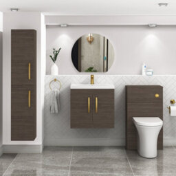 Royal Bathrooms Turin Grey Elm 600mm Wall Hung Vanity Unit 2 Door With Mid-Edge Basin Sink & Brushed Brass Handles - thumbnail 2