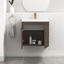 Royal Bathrooms Turin Grey Elm 600mm Wall Hung Vanity Unit 2 Door With Mid-Edge Basin Sink & Brushed Brass Handles - thumbnail 3