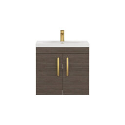 Royal Bathrooms Turin Grey Elm 600mm Wall Hung Vanity Unit 2 Door With Mid-Edge Basin Sink & Brushed Brass Handles - thumbnail 6