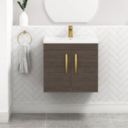 Royal Bathrooms Turin Grey Elm 600mm Wall Hung Vanity Unit 2 Door With Mid-Edge Basin Sink & Brushed Brass Handles - thumbnail 1