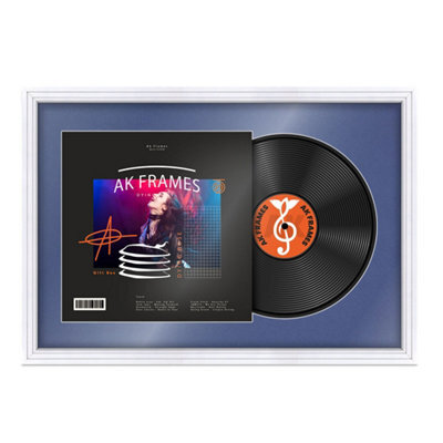 "AK Frames 25X17"" White Step Vinyl Record Frame With Blue Mount For 12 Inch Lp Cover & Disc - Overlapped Design" - image 1