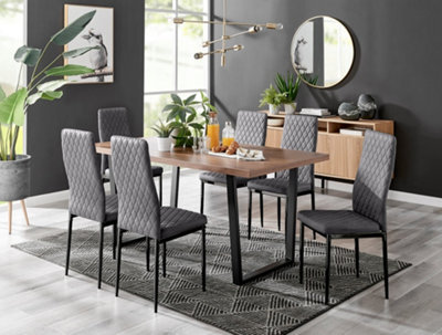 Furniturebox Kylo Brown Rectangular Wood Effect Dining Table & 6 Grey Velvet Milan Black Leg Chairs - image 1