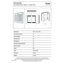 RAK Ceramics Rak Aphrodite 800X700mm Illuminated Bathroom Mirror Cabinet With Touch Sensor, Demister & Shaving Socket, Ip44 - thumbnail 2