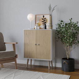 Urbn-Living Urbnliving 60Cm Height 2 Tier White Wooden Bookcase With Oak Door Scandinavian Style Pine Legs Bedroom Shelf