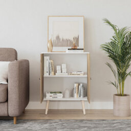 Urbn-Living Urbnliving 60Cm Height 2 Tier White Wooden Bookcase With Oak Door Scandinavian Style Pine Legs Bedroom Shelf - thumbnail 2