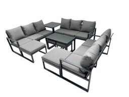 Fimous Outdoor Garden Furniture Set Aluminium Lounge 3 Seat Sofa Oblong Coffee Table Sets With 4 Stools Side Table Dark Grey - thumbnail 2