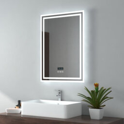 Emke Illuminated Bluetooth Bathroom Mirror With Shaver Socket, 500X700mm Bathroom Mirror With Fuse, Demister, Clock - thumbnail 1