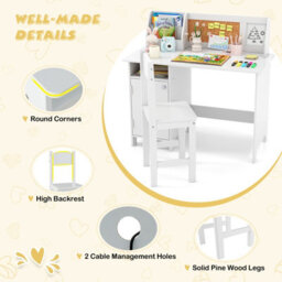 Costway Kids Table And Chair Set Children Study Table W/ Hutch-White - thumbnail 4
