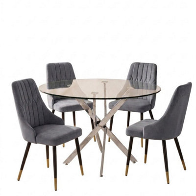 Oira Homes Modern Round Glass Dining Table Set With 4 Grey Velvet Chairs 4 Seater Dining Table Set - image 1