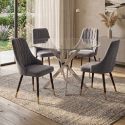 Oira Homes Modern Round Glass Dining Table Set With 4 Grey Velvet Chairs 4 Seater Dining Table Set - thumbnail 2