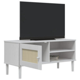 Berkfield Modern Tv Cabinet Senja Rattan Look White 106X40X49Cm Solid Wood Pine - thumbnail 4