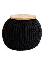 Orsina Comfortable Black Woven Pouffe, Plump Round Body Pouffe For Bedroom, Chunky Pattern Pouffe For Livingroom
