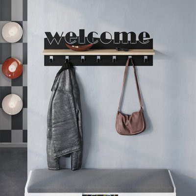 Decortie Modern Welcome Letter Wall Hanger Oak Metal 7 Metal Hooks For Hanging Shelf Rack Hotels Hallway Bedroom (Black) - image 1