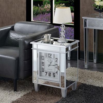 Artloge Silver Mirrored Glass Bedside Table Nighstand Side Table Cabinet With Quartz Clock, 48X33X63.5Cm - image 1