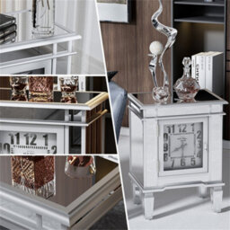Artloge Silver Mirrored Glass Bedside Table Nighstand Side Table Cabinet With Quartz Clock, 48X33X63.5Cm - thumbnail 9