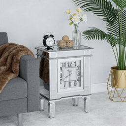 Artloge Silver Mirrored Glass Bedside Table Nighstand Side Table Cabinet With Quartz Clock, 48X33X63.5Cm - thumbnail 7