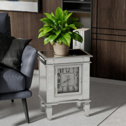 Artloge Silver Mirrored Glass Bedside Table Nighstand Side Table Cabinet With Quartz Clock, 48X33X63.5Cm - thumbnail 6