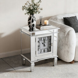 Artloge Silver Mirrored Glass Bedside Table Nighstand Side Table Cabinet With Quartz Clock, 48X33X63.5Cm - thumbnail 5
