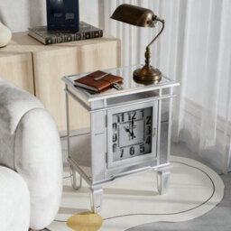 Artloge Silver Mirrored Glass Bedside Table Nighstand Side Table Cabinet With Quartz Clock, 48X33X63.5Cm - thumbnail 4