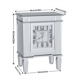 Artloge Silver Mirrored Glass Bedside Table Nighstand Side Table Cabinet With Quartz Clock, 48X33X63.5Cm - thumbnail 2