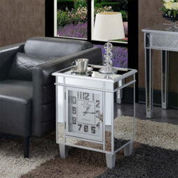 Artloge Silver Mirrored Glass Bedside Table Nighstand Side Table Cabinet With Quartz Clock, 48X33X63.5Cm