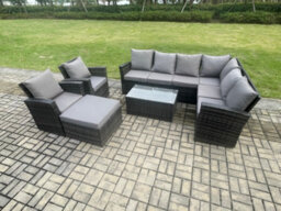 Fimous 9 Seater High Back Outdoor Garden Furniture Set Rattan Corner Sofa Set With Rectangular Coffee Table Footstool - thumbnail 1