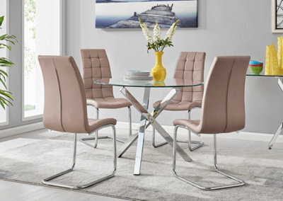 Furniturebox Selina Chrome Round Square Leg Glass Dining Table And 4 Cappuccino Beige Murano Chairs Set - image 1