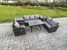 Fimous 6 Seater Outdoor Rattan Garden Furniture Set Patio Lounge Sofa Set With Dining Table 2 Side Tables Dark Grey Mixed - thumbnail 1