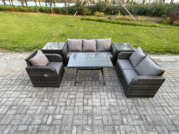 Fimous 6 Seater Outdoor Rattan Garden Furniture Set Patio Lounge Sofa Set With Dining Table 2 Side Tables Dark Grey Mixed - thumbnail 2
