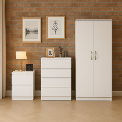 Home Treats White Wooden 3Pc Bedroom Furniture Set Includes 2 Door Wardrobe, Chest Of 4 Drawers, 2 Drawer Bedside Table Nightstand - image 1
