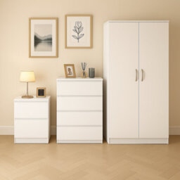 Home Treats White Wooden 3Pc Bedroom Furniture Set Includes 2 Door Wardrobe, Chest Of 4 Drawers, 2 Drawer Bedside Table Nightstand - thumbnail 2