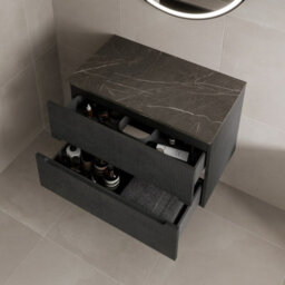 Aveli 800mm Bathroom Vanity Unit Grey Marble Countertop Wall Hung Black Fluted Unit - thumbnail 3