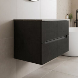 Aveli 800mm Bathroom Vanity Unit Grey Marble Countertop Wall Hung Black Fluted Unit - thumbnail 2