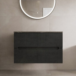 Aveli 800mm Bathroom Vanity Unit Grey Marble Countertop Wall Hung Black Fluted Unit - thumbnail 1