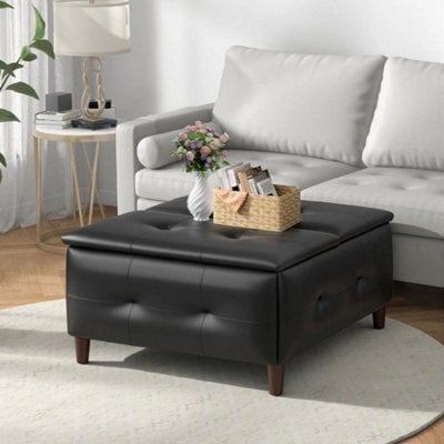 Double Open Black Faux Leather Large Square Storage Ottoman With Lift Top - image 1