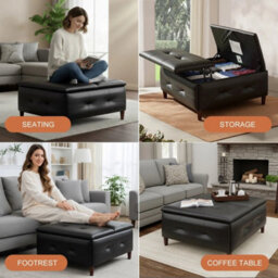 Double Open Black Faux Leather Large Square Storage Ottoman With Lift Top - thumbnail 3