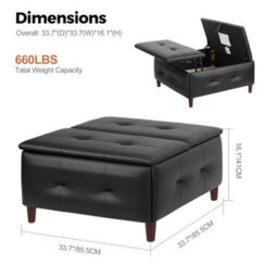 Double Open Black Faux Leather Large Square Storage Ottoman With Lift Top - thumbnail 2