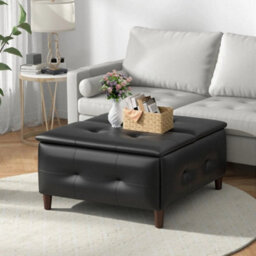 Double Open Black Faux Leather Large Square Storage Ottoman With Lift Top - thumbnail 1