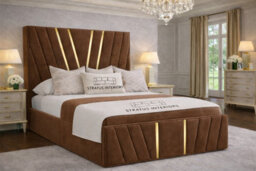 "Stratus Interiors Victor Gold Accent Upholstered Velvet Bed Frame - King Size 5Ft (84"") With Slatted Base - Brown"