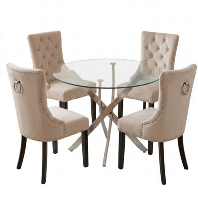 Oira Homes Modern Round Glass Dining Table Set With 4 Cream Velvet Chairs 4 Seater Dining Table Set - image 1