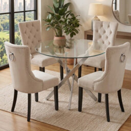 Oira Homes Modern Round Glass Dining Table Set With 4 Cream Velvet Chairs 4 Seater Dining Table Set - thumbnail 2