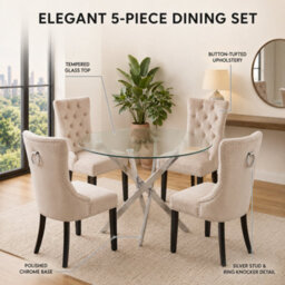 Oira Homes Modern Round Glass Dining Table Set With 4 Cream Velvet Chairs 4 Seater Dining Table Set - thumbnail 3