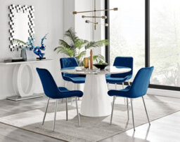Furniturebox Palma White Marble Effect Round 4-6 Seater Pedestal Dining Table & 4 Navy Velvet Pesaro Silver Leg Chairs