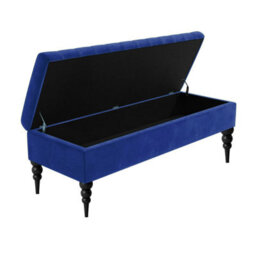 150Cm Sierra Striped Ottoman Storage Bench With Black Turned Wooden Legs - Sapphire Blue Plush Velvet Upholstered Shoes Bench - thumbnail 2
