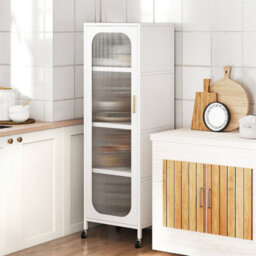 Rolling Storage Cabinet With 5 Adjustable Shelves Narrow Kitchen Pantry White - thumbnail 4