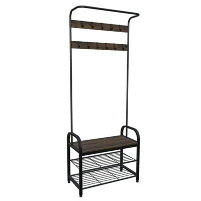 Black & Rustic Oak Coat Hanger & Shoe Bench Storage