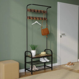 Black & Rustic Oak Coat Hanger & Shoe Bench Storage - thumbnail 5